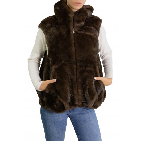 Gilet similpelliccia con cappuccio 